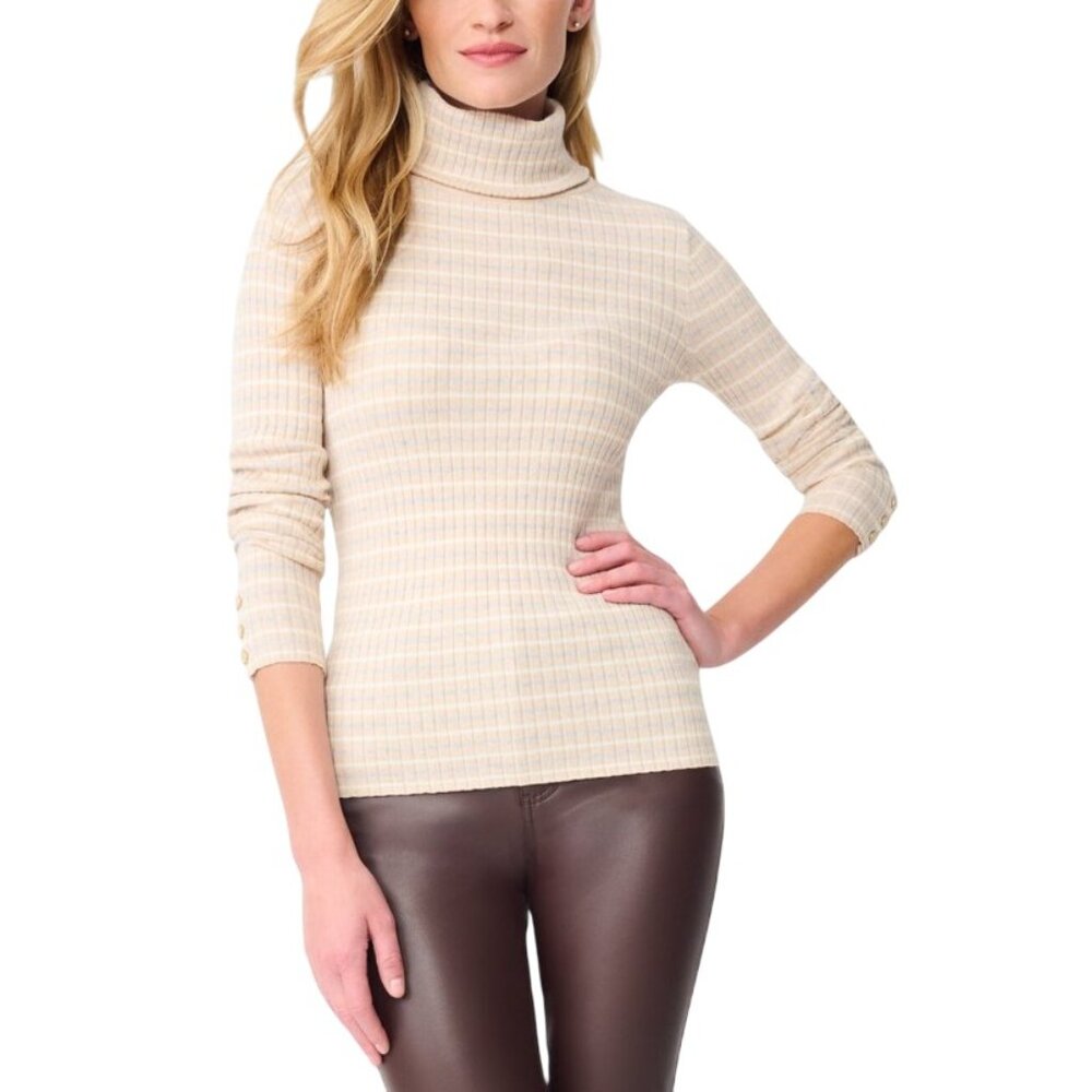 J.McLaughlin Women Striped Arlette Turtleneck M Oatmeal Cotton Modal Stretch NWT